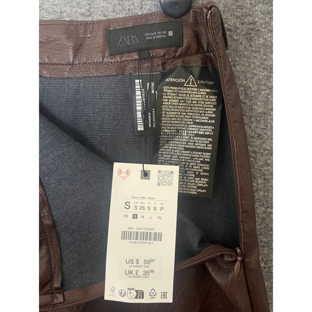 Zara Brown Faux Leather Midi Skirt High Waisted A-Line NWT Size Small No Belt - Picture 7 of 9